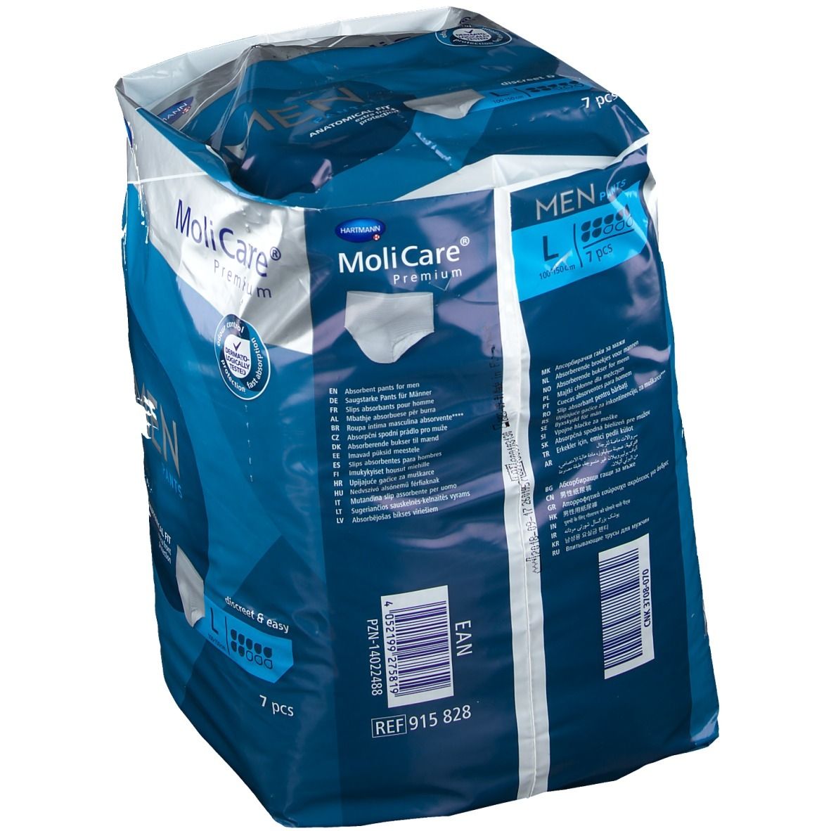 Dos du paquet de MoliCare Premium MAN Pants, taille L, 7 pièces. Avec fermeture éclair.