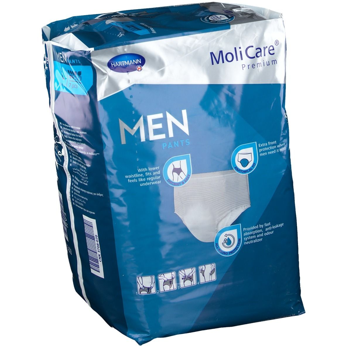 Paquet de MoliCare Premium MAN Pants, taille L. Coupe anatomique. Avec ceinture, pour hommes.