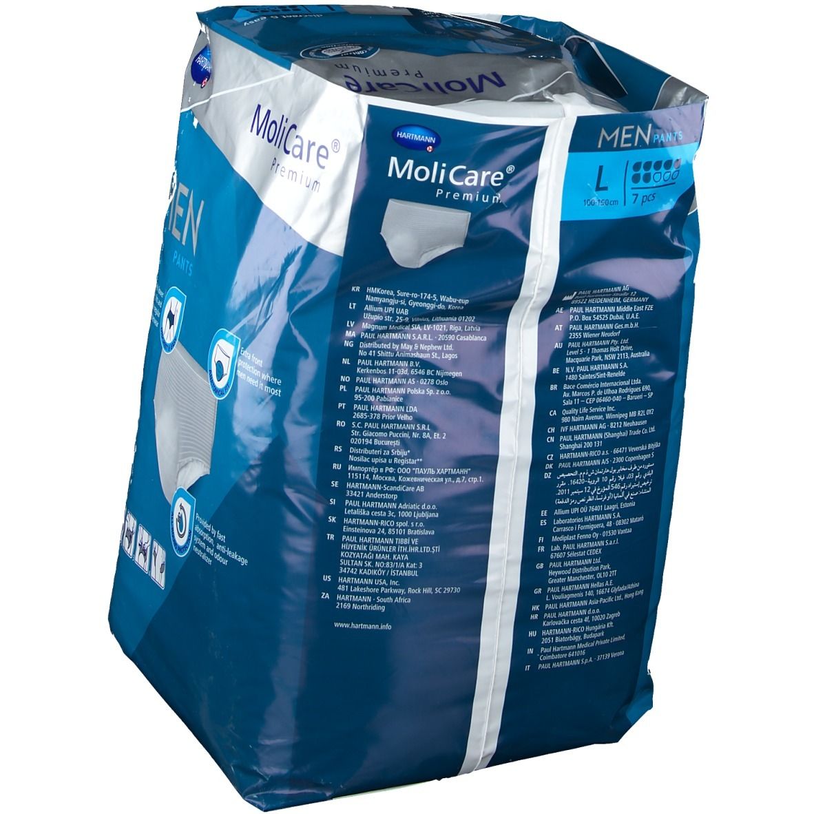 Dos du paquet de MoliCare Premium MAN Pants, taille L, 7 pièces. Informations sur le produit.