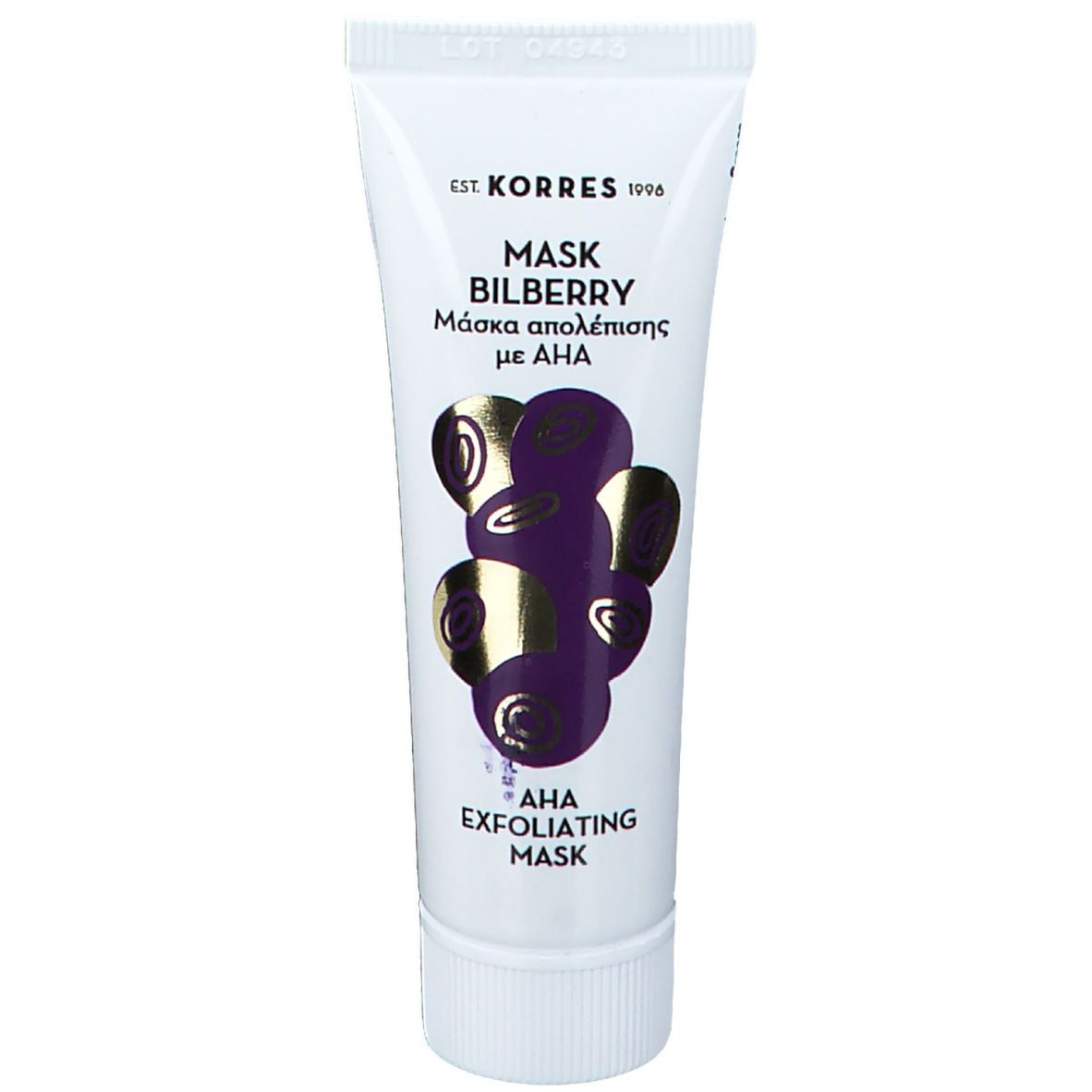 Tube blanc avec impression du produit. Inscription : KORRES, Mask Bilberry, AHA Exfoliating Mask. Illustration de myrtilles.