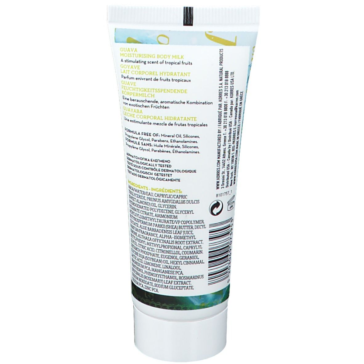 Dos du tube de lait corporel KORRES. Texte: Guava, lait corporel hydratant, ingrédients, informations fabricant.