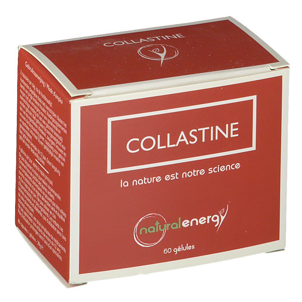 Boîte rouge "COLLASTINE". Logo "natural energy". 60 gélules. Texte: "la nature est notre science".