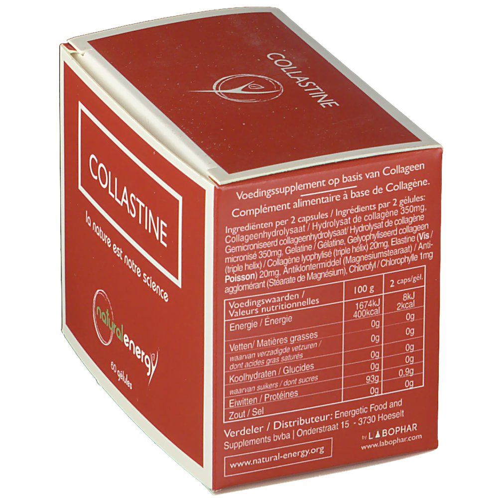 Boîte rouge "COLLASTINE". Logo "natural energy". Tableau nutritionnel et ingrédients. Texte en néerlandais.