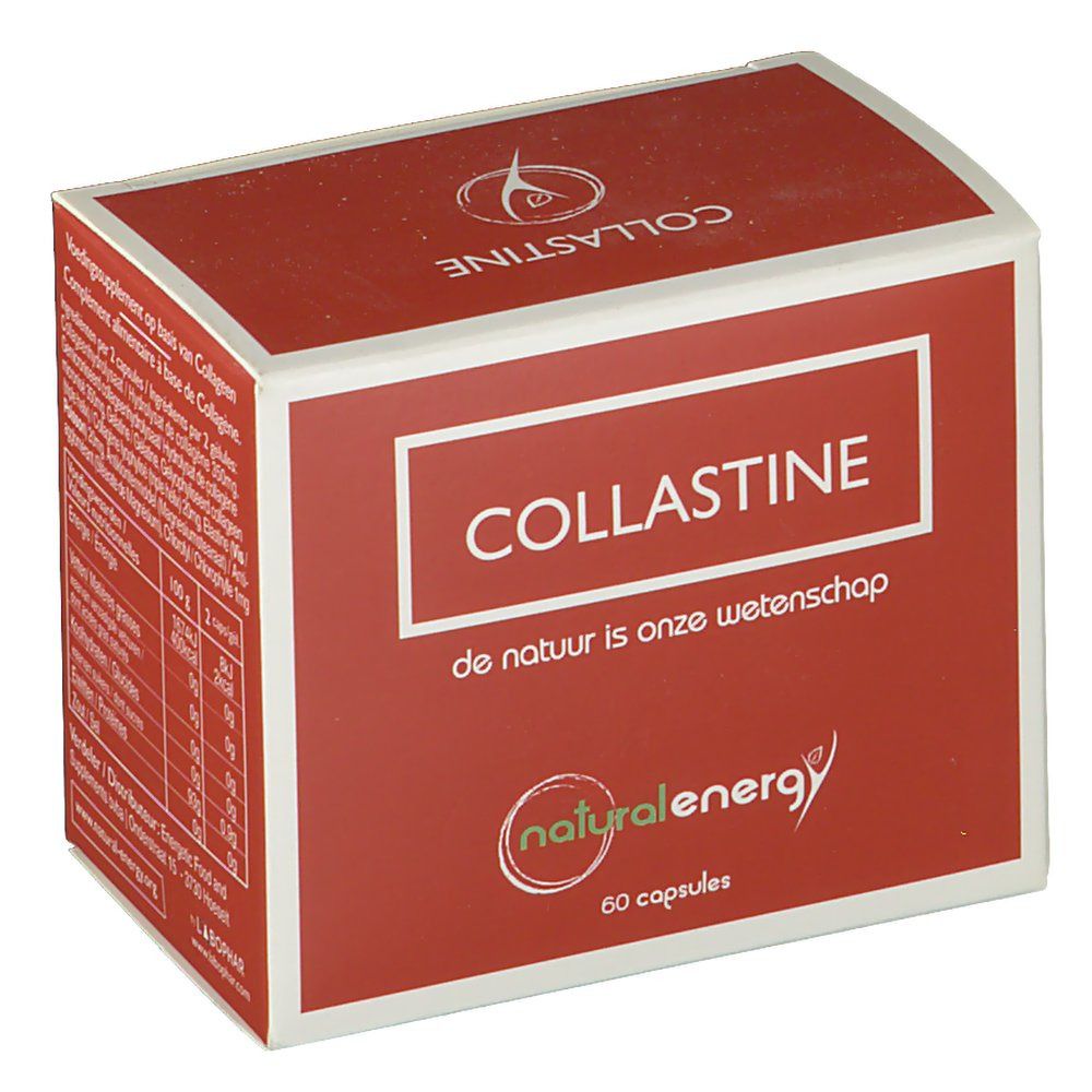 Boîte rouge "COLLASTINE". Logo "natural energy". 60 capsules. Texte: "de natuur is onze wetenschap".