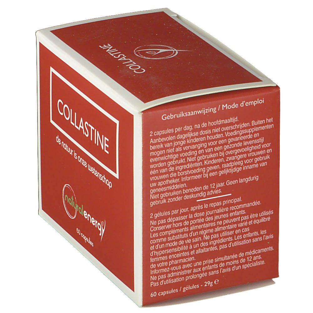 Boîte rouge "COLLASTINE". Logo "natural energy". Mode d'emploi. Texte en néerlandais et français.