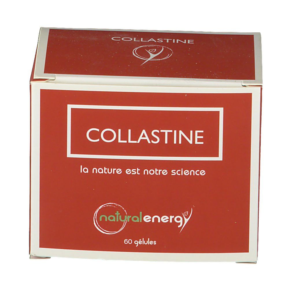 Boîte rouge "COLLASTINE". Logo "natural energy". 60 gélules. Texte: "la nature est notre science".