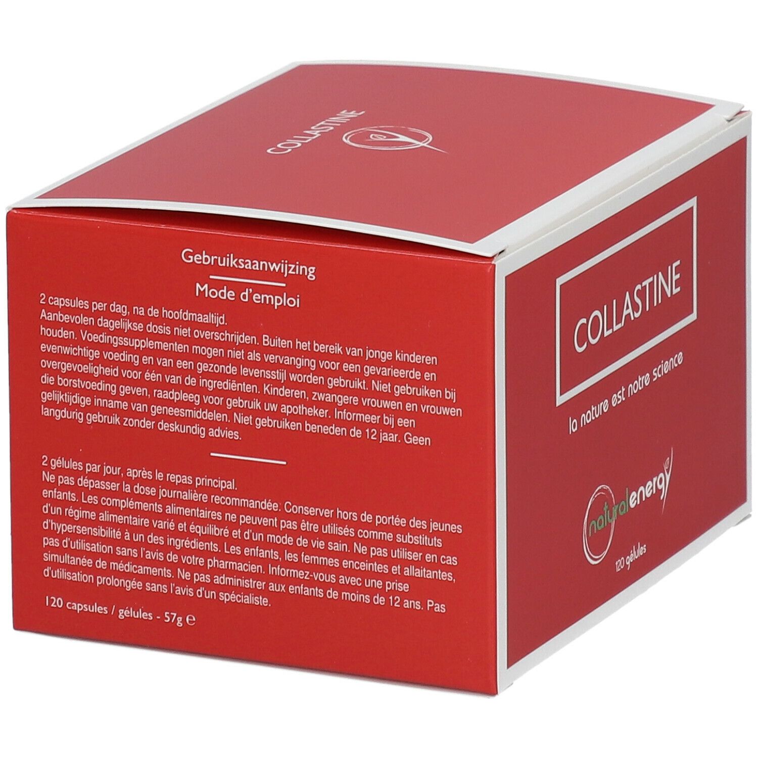 Boîte rouge avec cadre blanc. Texte : Mode d'emploi. Contient 120 gélules.
