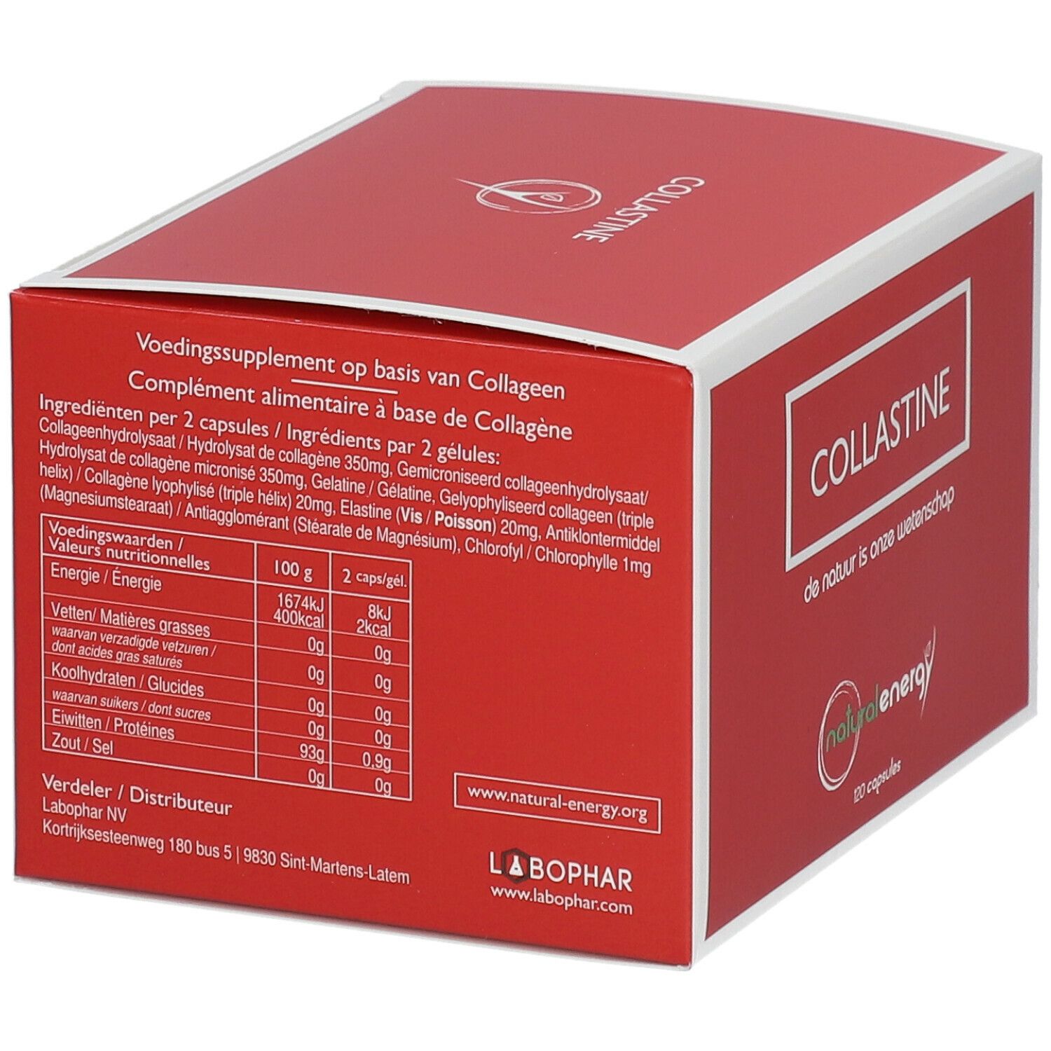 Boîte rouge avec cadre blanc. Texte : Complément alimentaire à base de collagène. Contient 120 gélules.