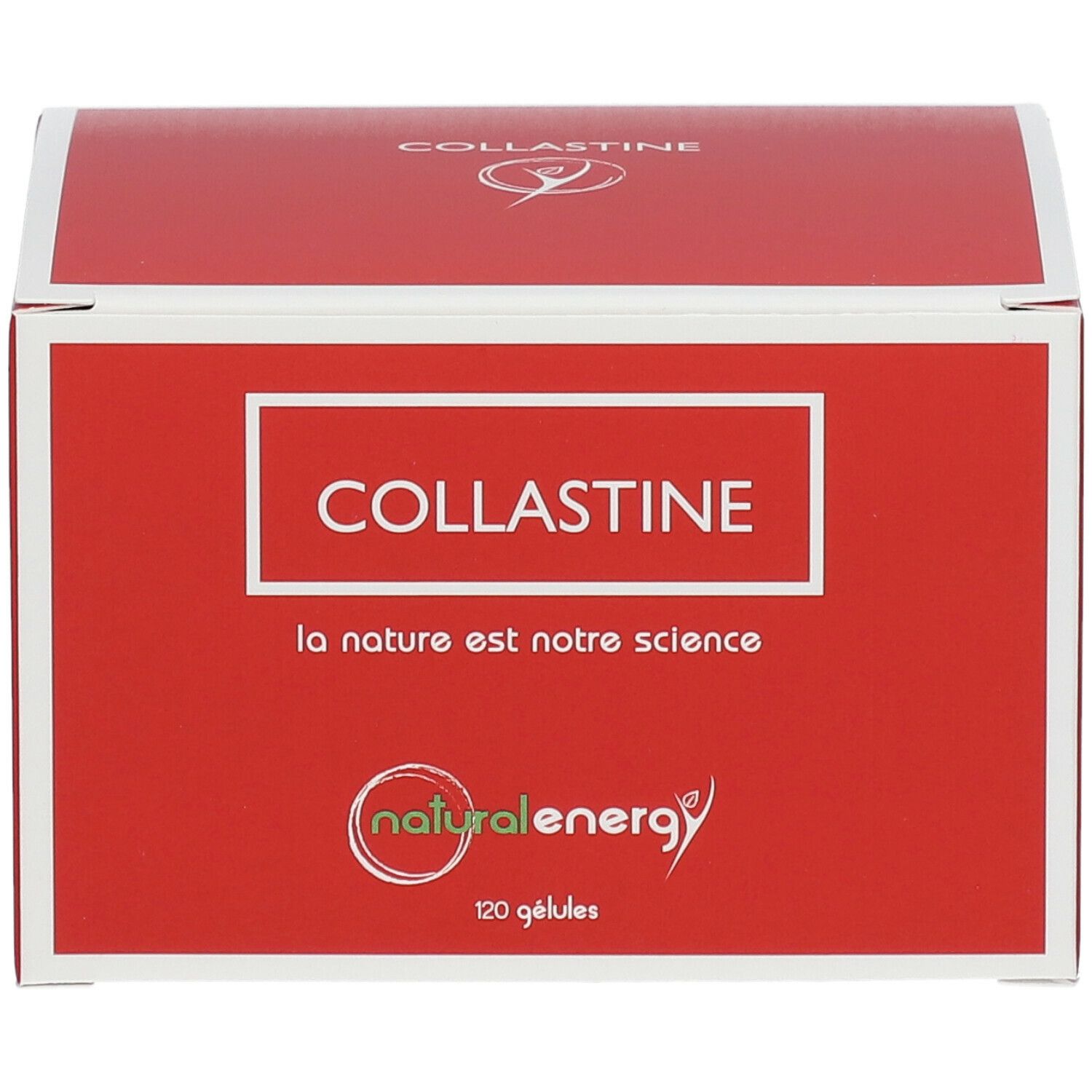 Boîte rouge avec cadre blanc. Inscription : COLLASTINE, naturalenergy. Contient 120 gélules.