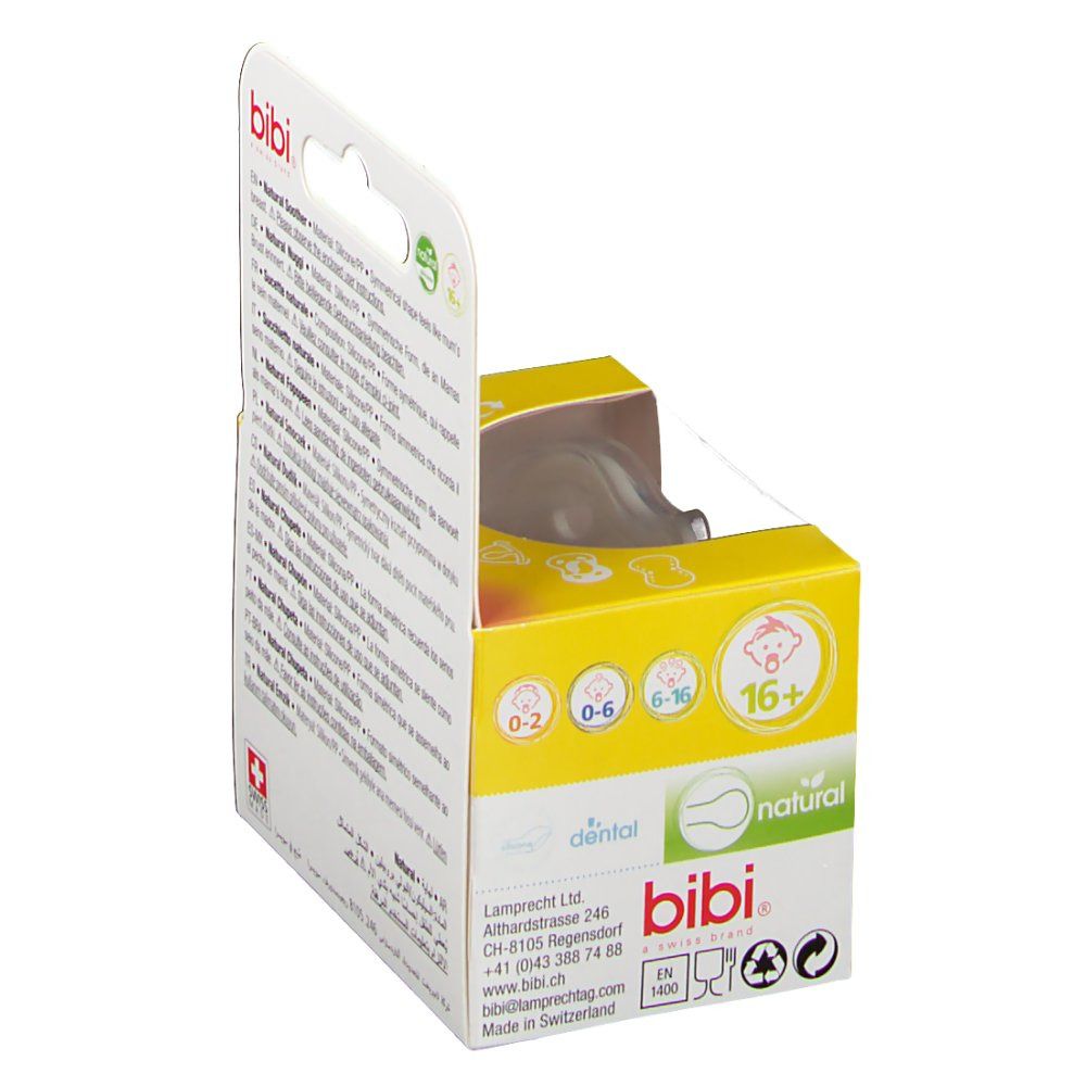 Emballage jaune avec indication d'âge "16+". Marque "bibi". "Swiss Made". Visible : sucette dans l'emballage.