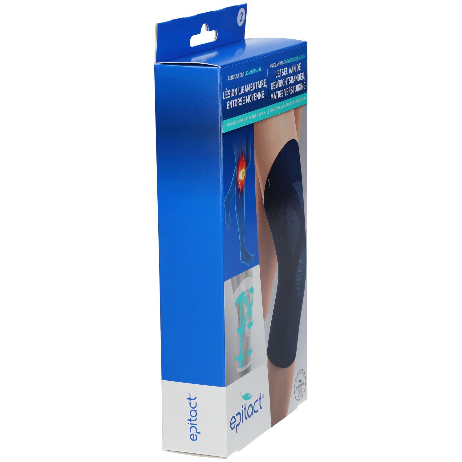 Emballage de la genouillère. Vue latérale. Bleu, avec image du produit. Logo Epitact. Texte: Lésion ligamentaire, entorse moyenne.