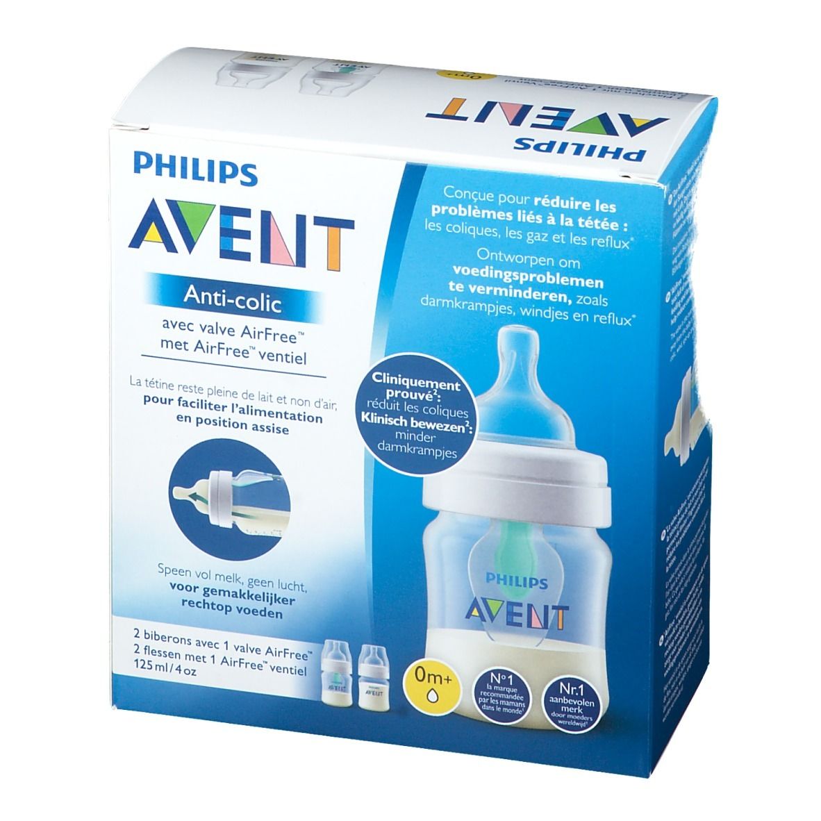 Boîte de biberon Philips AVENT Anti-colique avec valve AirFree. Deux biberons représentés, emballage bleu et blanc.