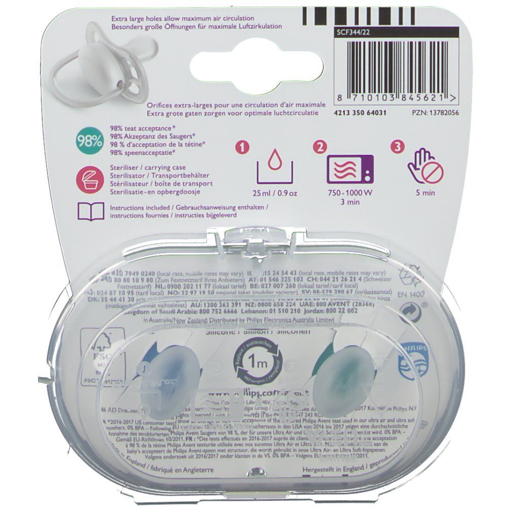 Emballage avec deux sucettes. Visibles: deux sucettes, une boîte de stérilisation et des informations.