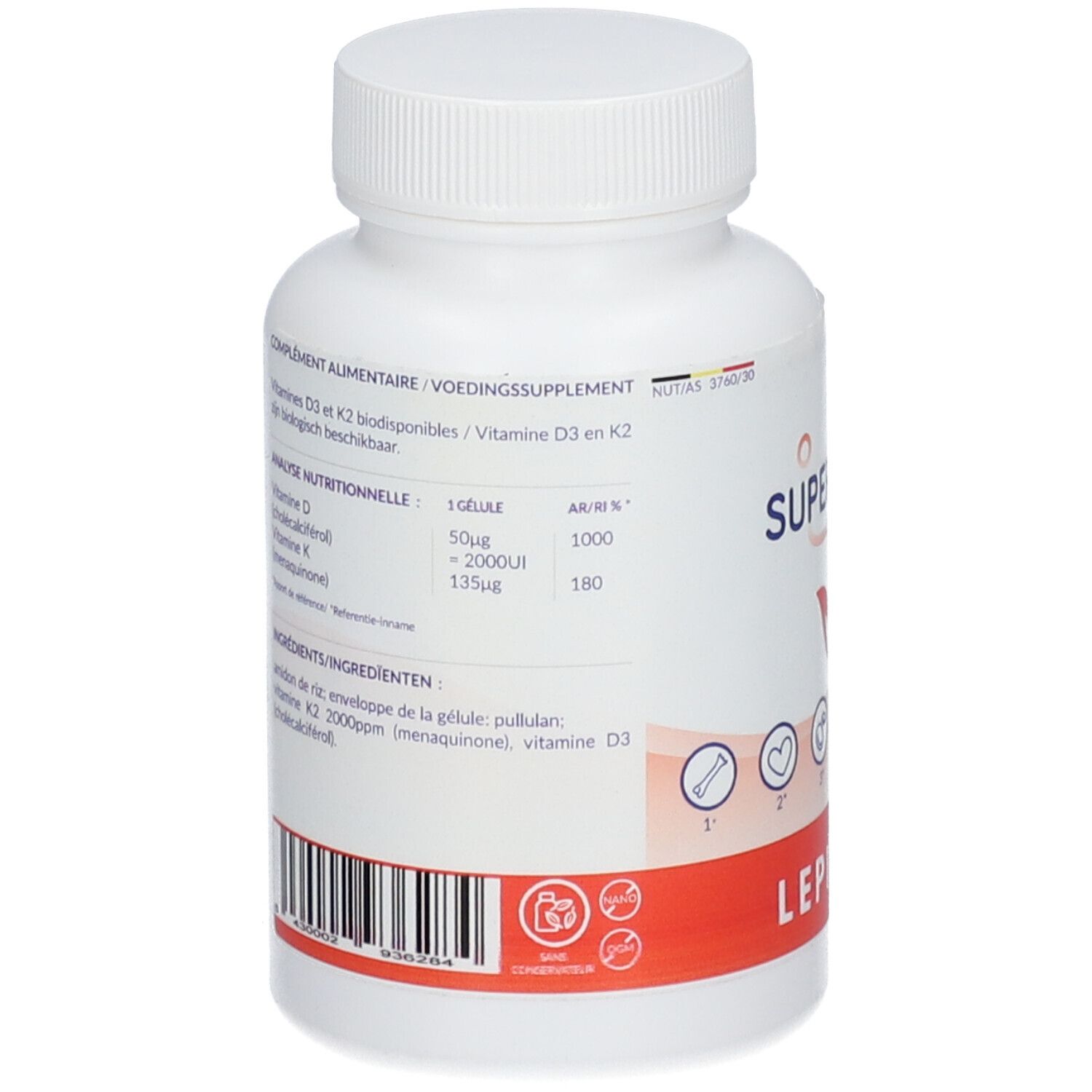 Dos du flacon blanc. Contient des informations sur les ingrédients et les valeurs nutritionnelles. Marque : Lepivits.