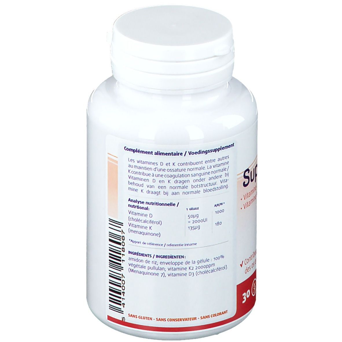 Dos du flacon blanc. Contient des informations sur les ingrédients et les valeurs nutritionnelles. Marque : Lepivits.