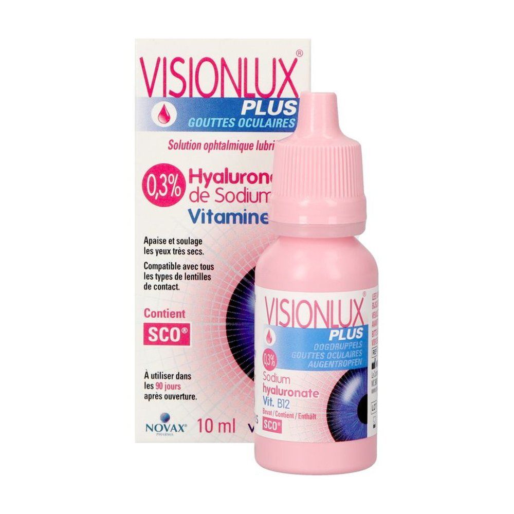 Boîte de gouttes oculaires Visionlux Plus avec acide hyaluronique et vitamine B12.