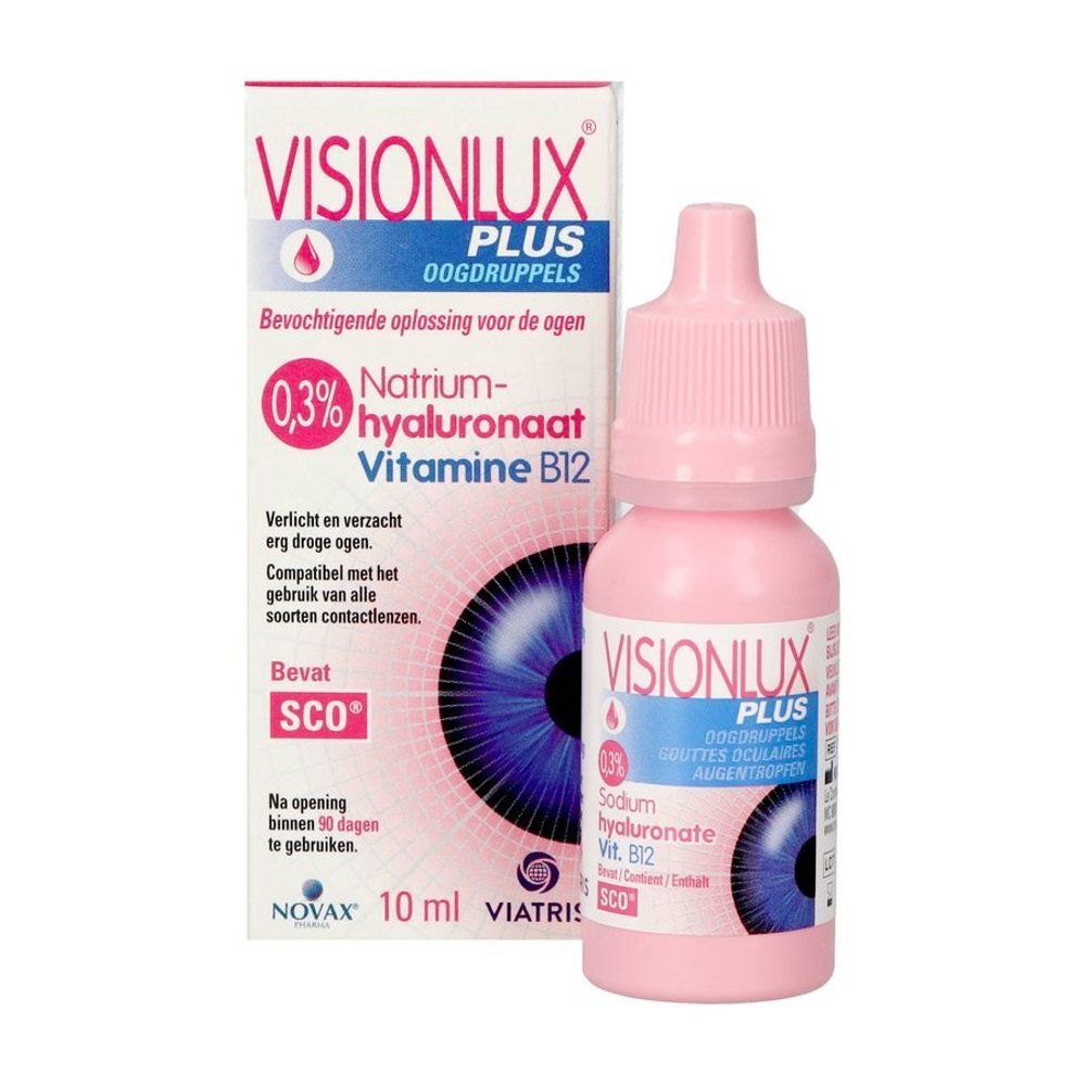 Boîte de gouttes oculaires Visionlux Plus avec acide hyaluronique et vitamine B12.