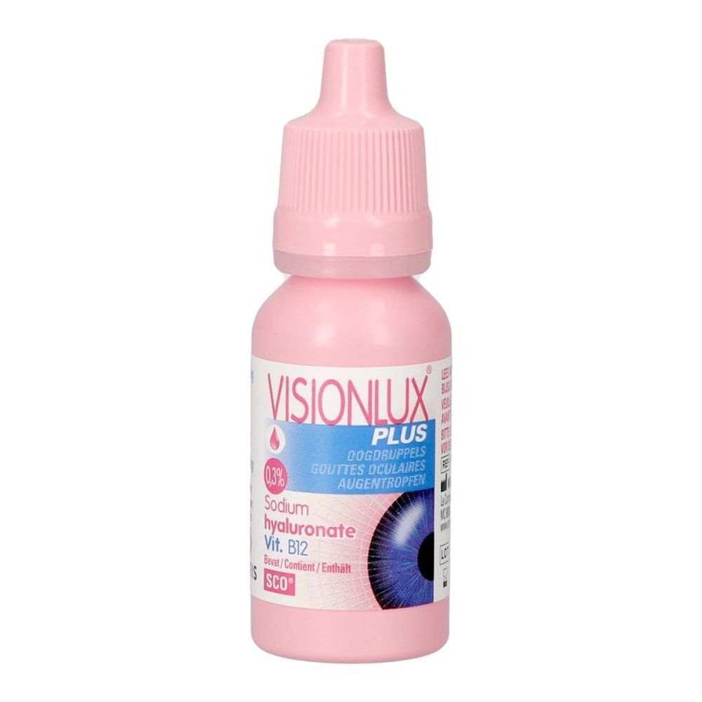 Vue latérale de la boîte de gouttes oculaires Visionlux Plus avec acide hyaluronique et vitamine B12.