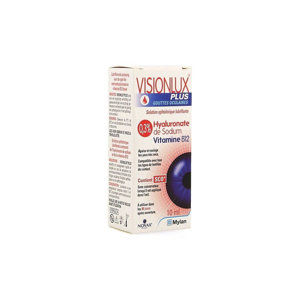 Boîte de gouttes oculaires Visionlux Plus avec acide hyaluronique et vitamine B12.
