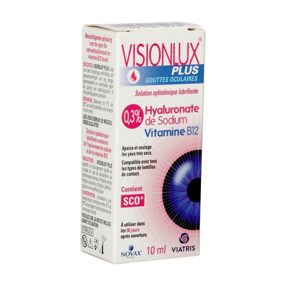 Boîte de gouttes oculaires Visionlux Plus avec acide hyaluronique et vitamine B12.