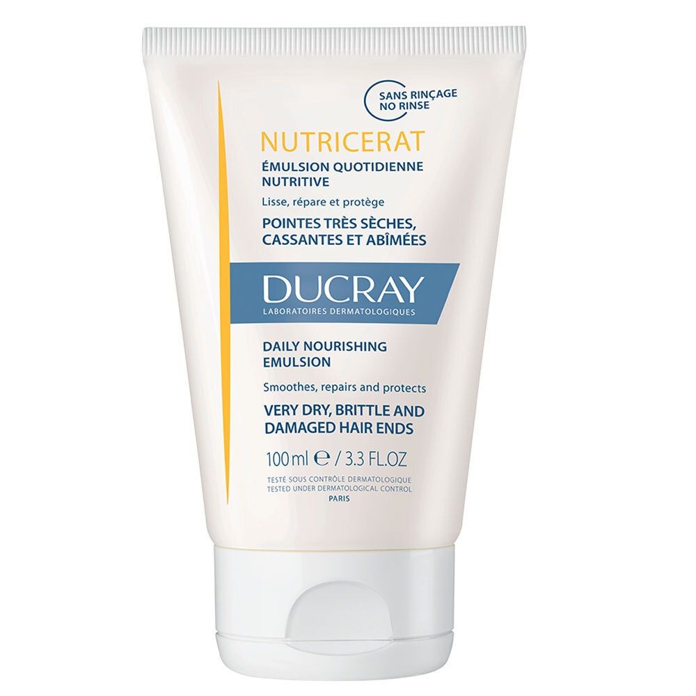Tube blanc avec texte jaune et bleu. Nom du produit : Nutricerat. Pour pointes très sèches et abîmées. 100 ml.