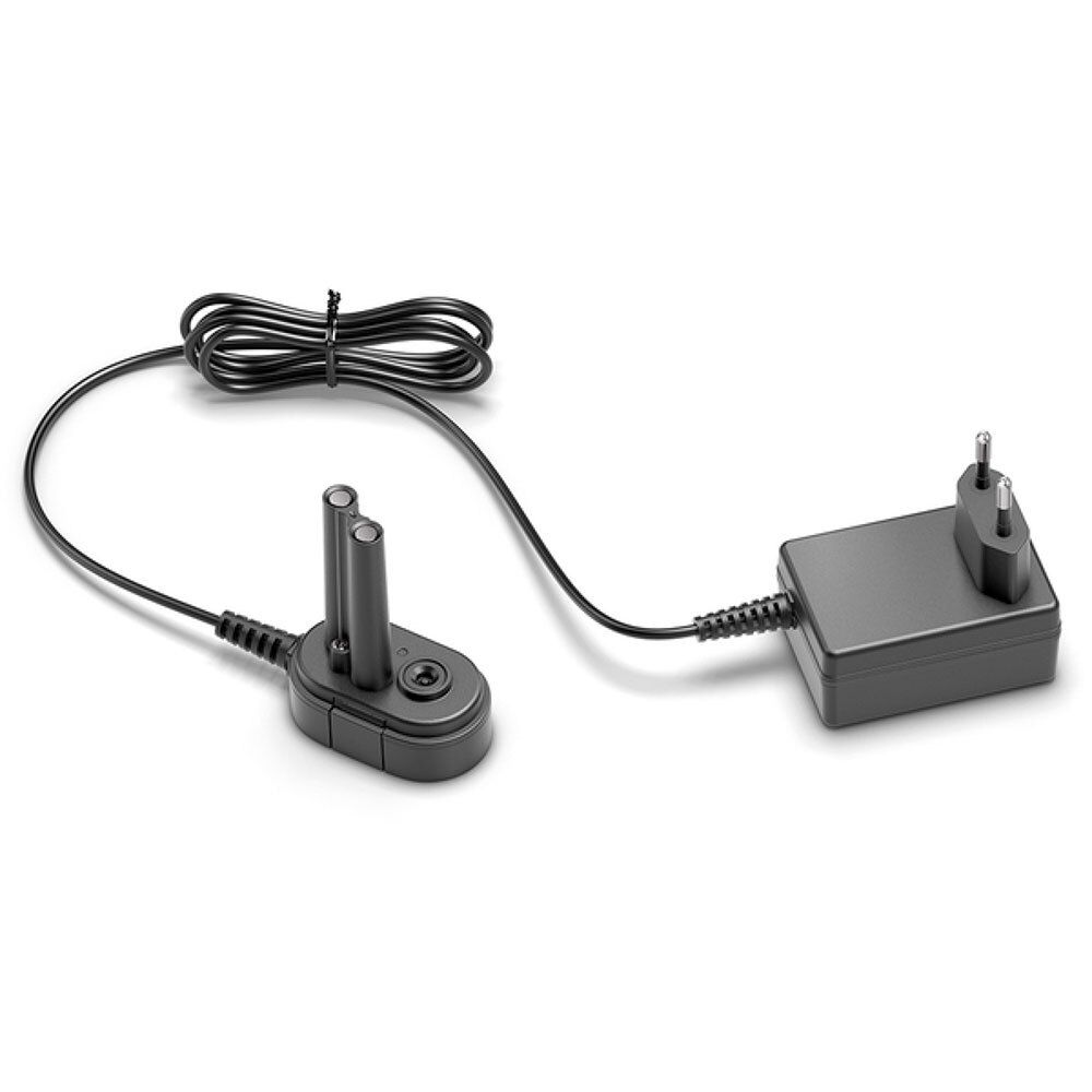 Adaptateur CA Omron noir avec câble et prise. Deux broches à une extrémité, prise à l'autre.