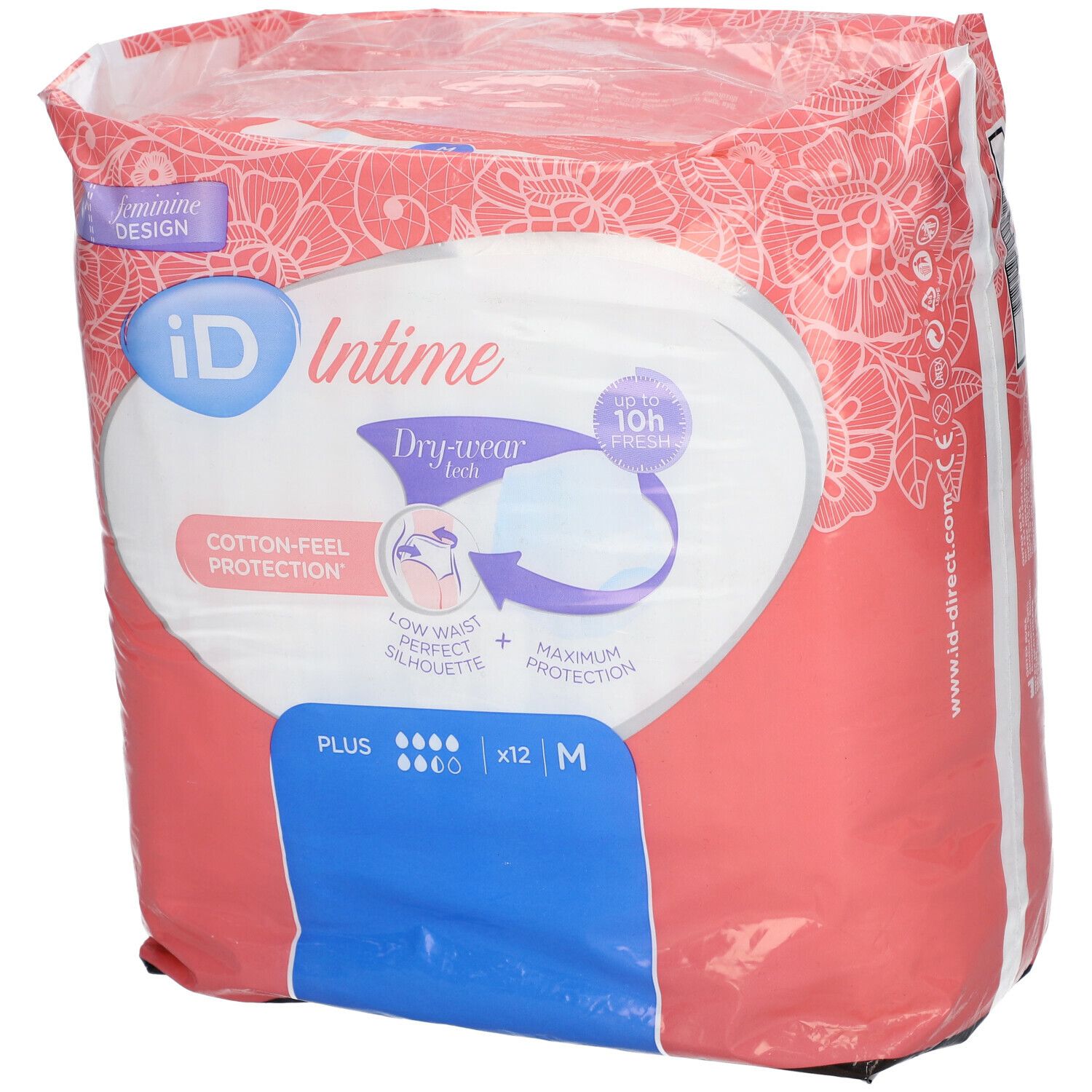 Paquet de iD Intime Pants Plus Grace Medium. Emballage rose et blanc avec illustration et texte. Taille M, 12 pièces.