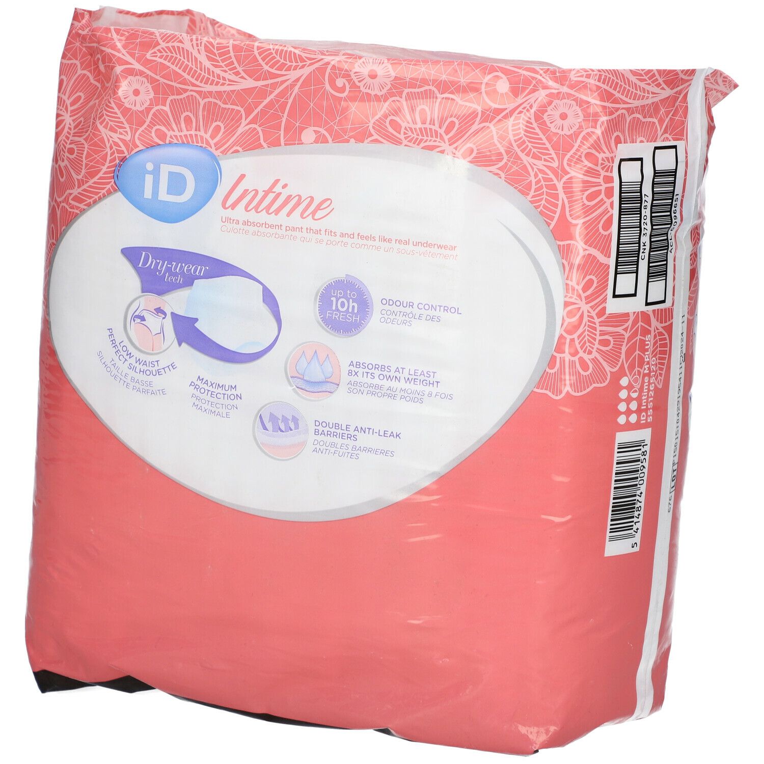 Paquet de iD Intime Pants Plus Grace Medium. Emballage rose et blanc avec illustration et texte. Taille M, 12 pièces.