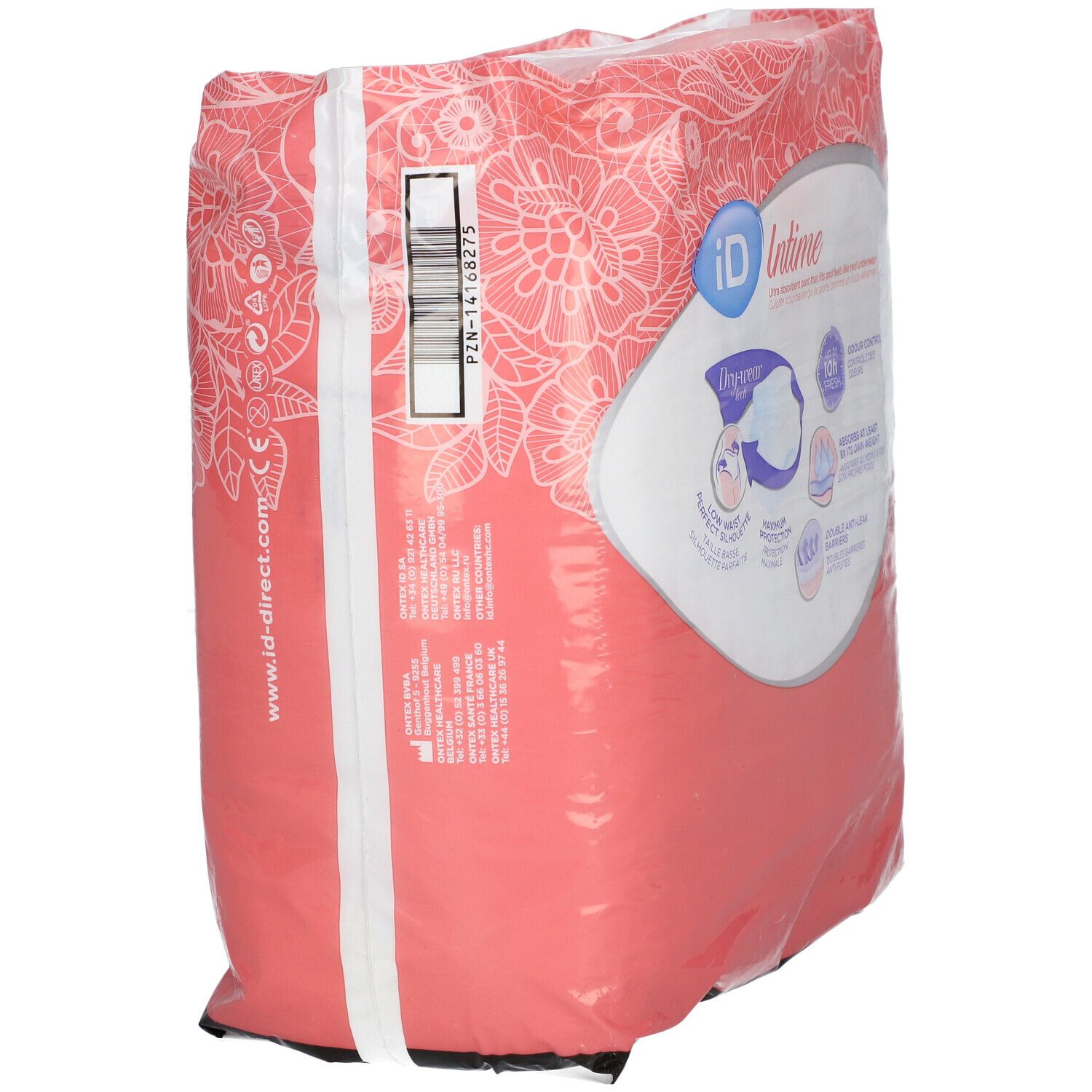 Dos du paquet iD Intime Pants Plus Grace Medium. Emballage rose avec illustrations et texte. Taille M.