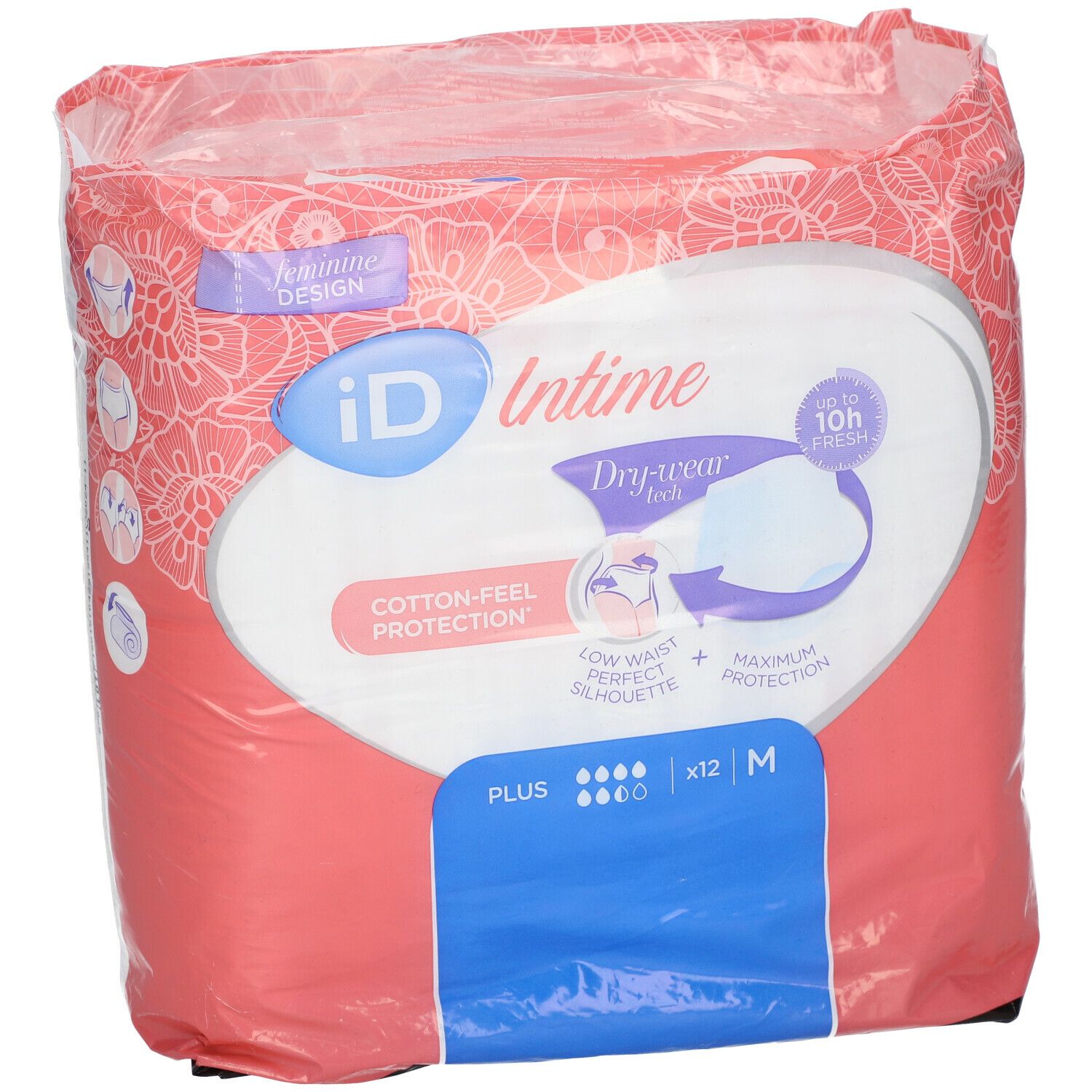 Paquet de iD Intime Pants Plus Grace Medium. Emballage rose et blanc avec illustration et texte. Taille M, 12 pièces.