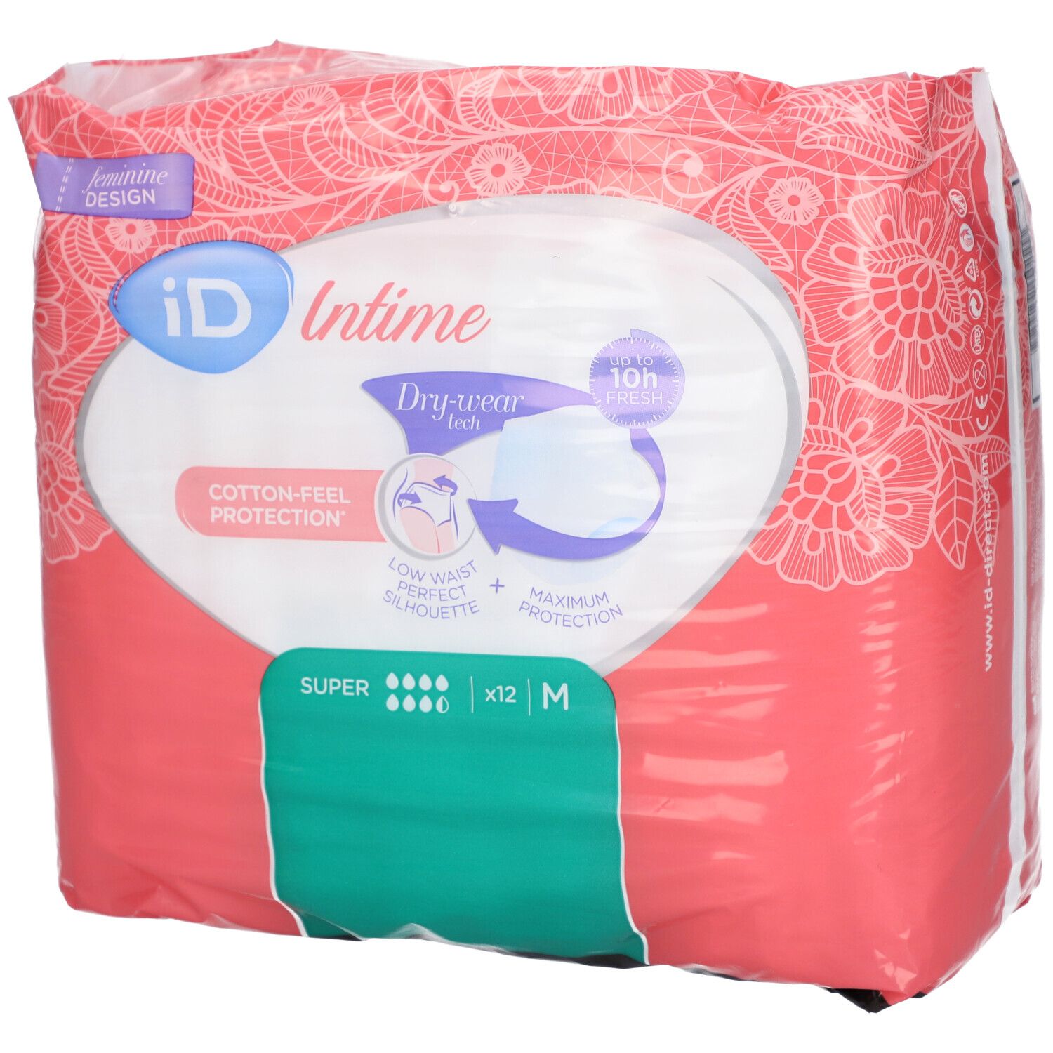 Paquet de iD Intime Pants Super Grace Medium. Design rose et blanc, nom du produit, absorption, taille M, 12 pièces.