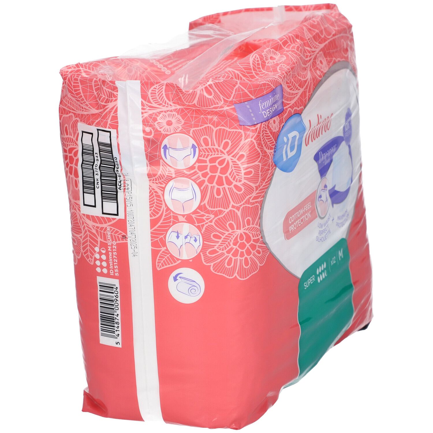 Vue latérale du paquet iD Intime Pants. Design rose et blanc, informations produit, code-barres, coin vert.