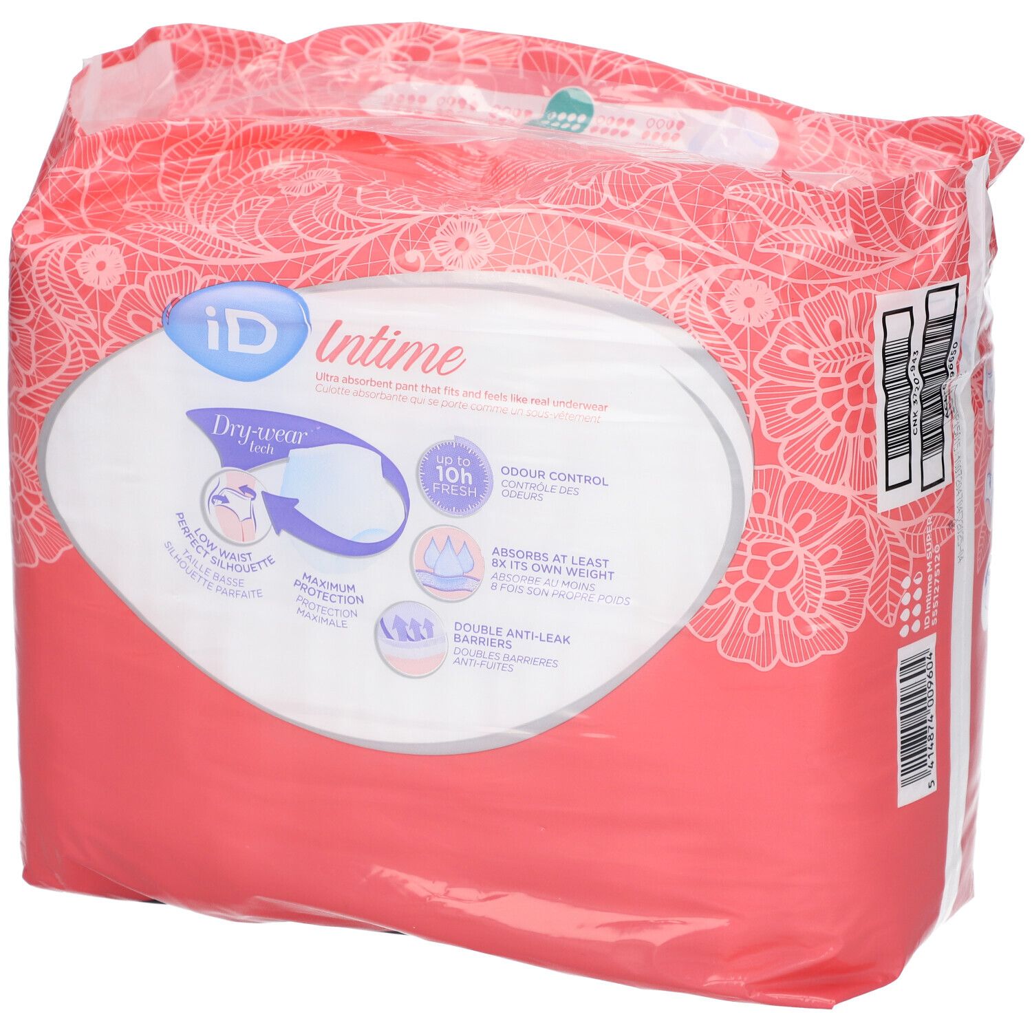 Paquet iD Intime Pants. Design rose et blanc, nom du produit, Dry-wear tech, absorption, contrôle des odeurs.