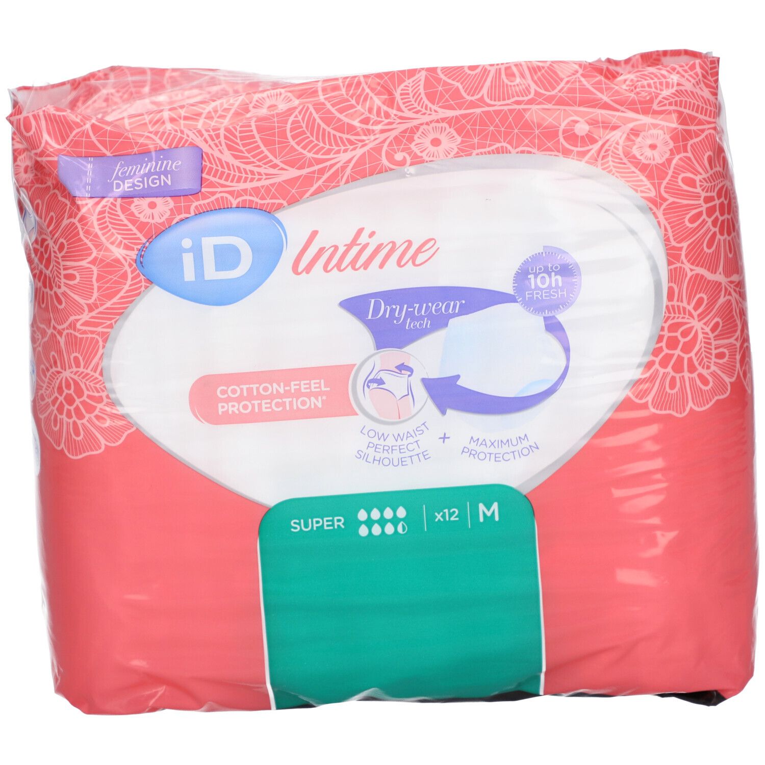 Paquet de iD Intime Pants Super Grace Medium. Design rose et blanc, nom du produit, absorption, taille M, 12 pièces.