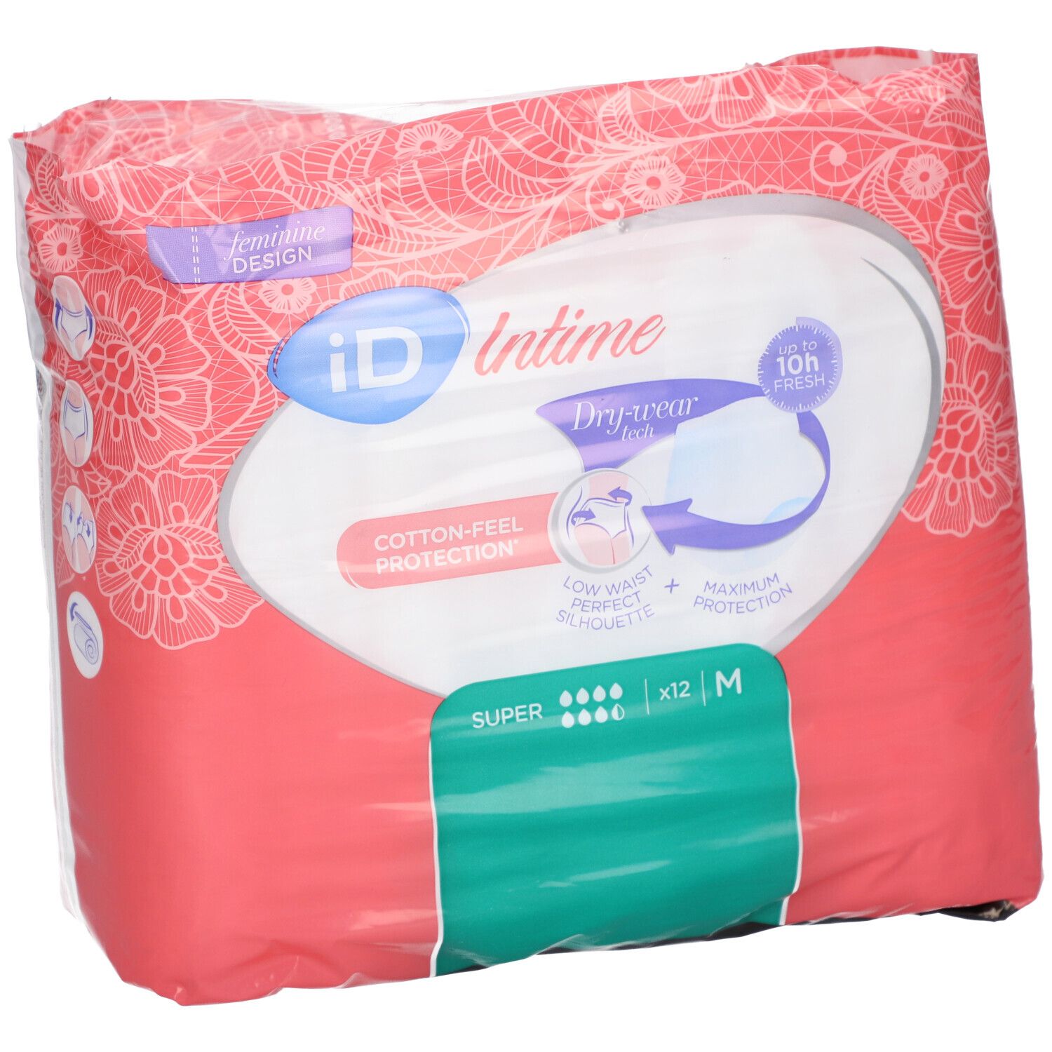 Paquet de iD Intime Pants Super Grace Medium. Design rose et blanc, nom du produit, absorption, taille M, 12 pièces.