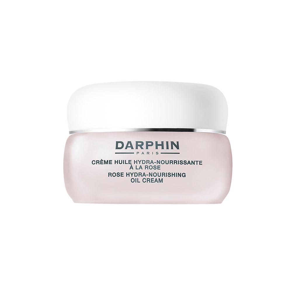 Pot de crème avec couvercle blanc. Inscription : DARPHIN PARIS, Crème Huile Hydra-Nourrissante à la Rose, Rose Hydra-Nourishing Oil Cream.