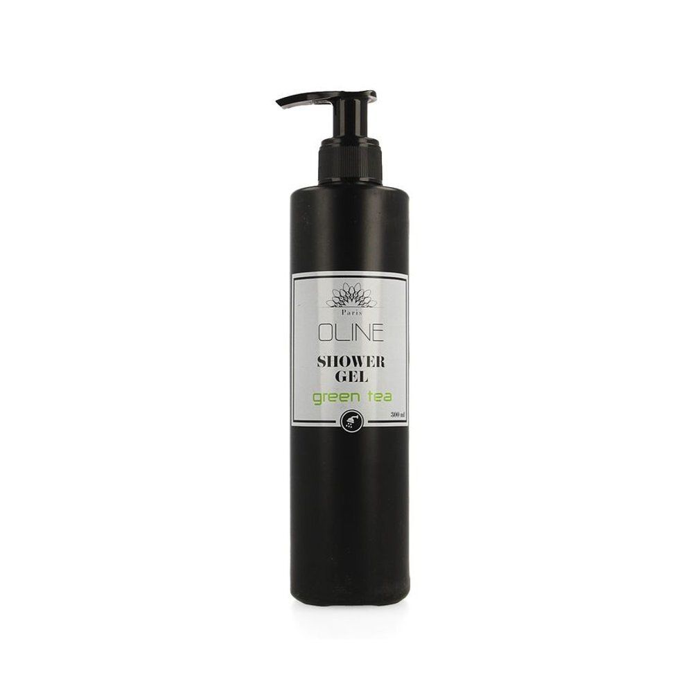 Bouteille noire de gel douche avec pompe et étiquette.