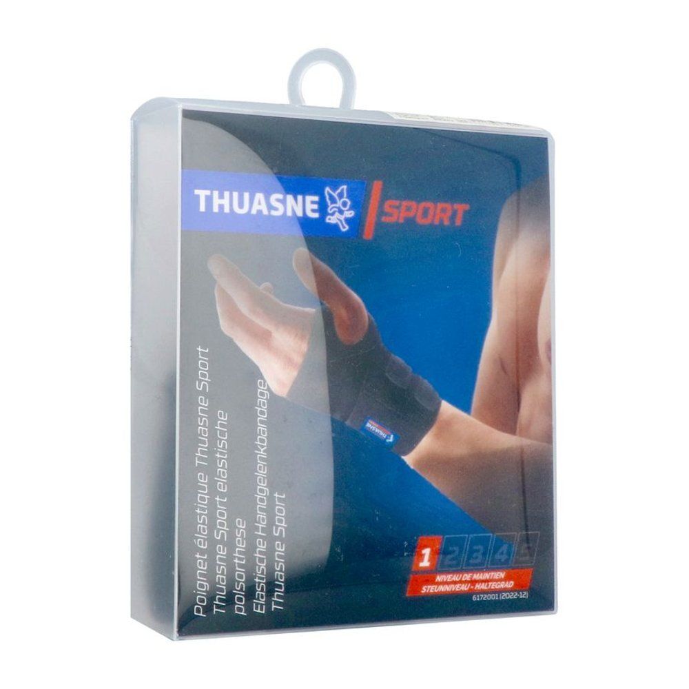 Emballage transparent avec support poignet. Logo et nom du produit. Main avec bandage.