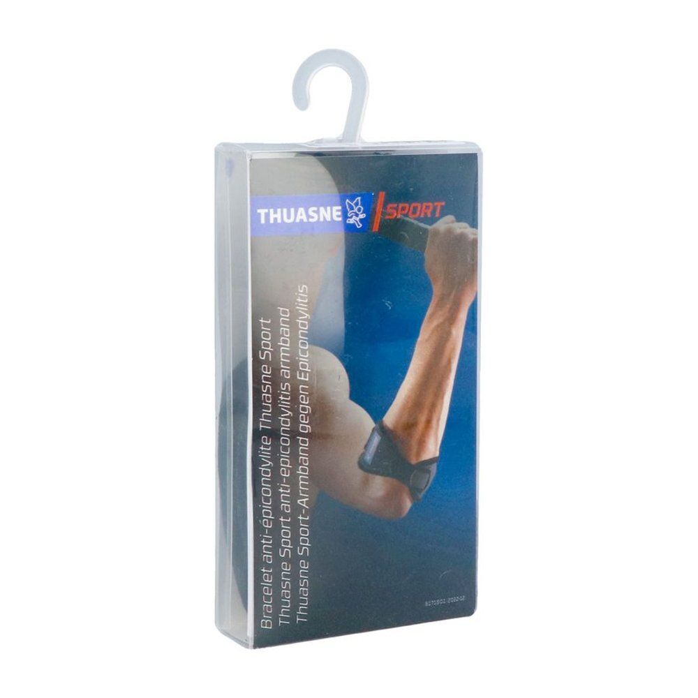 Emballage transparent avec bracelet de sport. Texte : Thuasne Sport. Illustration d'un bras avec le bracelet.