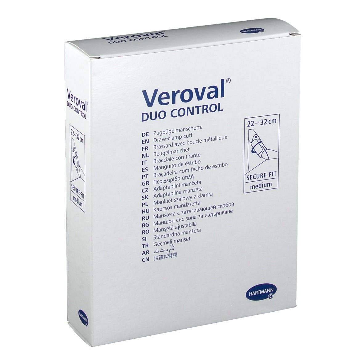 Brassard Veroval Duo Control, 22-32cm. Emballage avec informations et illustration du produit.