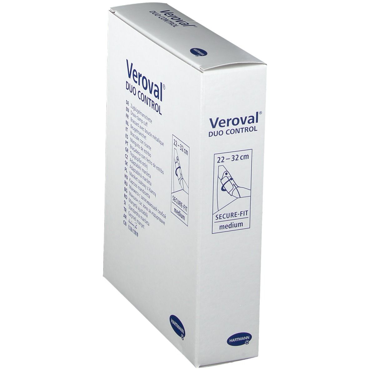 Emballage Veroval Duo Control, vue latérale. Informations produit et indication de taille 22-32cm.