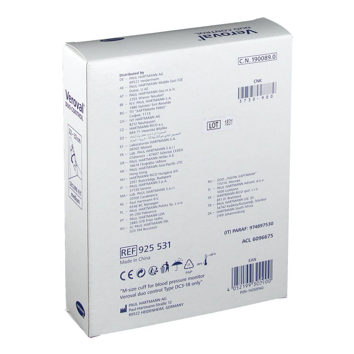 Emballage Veroval Duo Control, dos. Informations produit, adresse fabricant, numéro de lot et marquage CE.