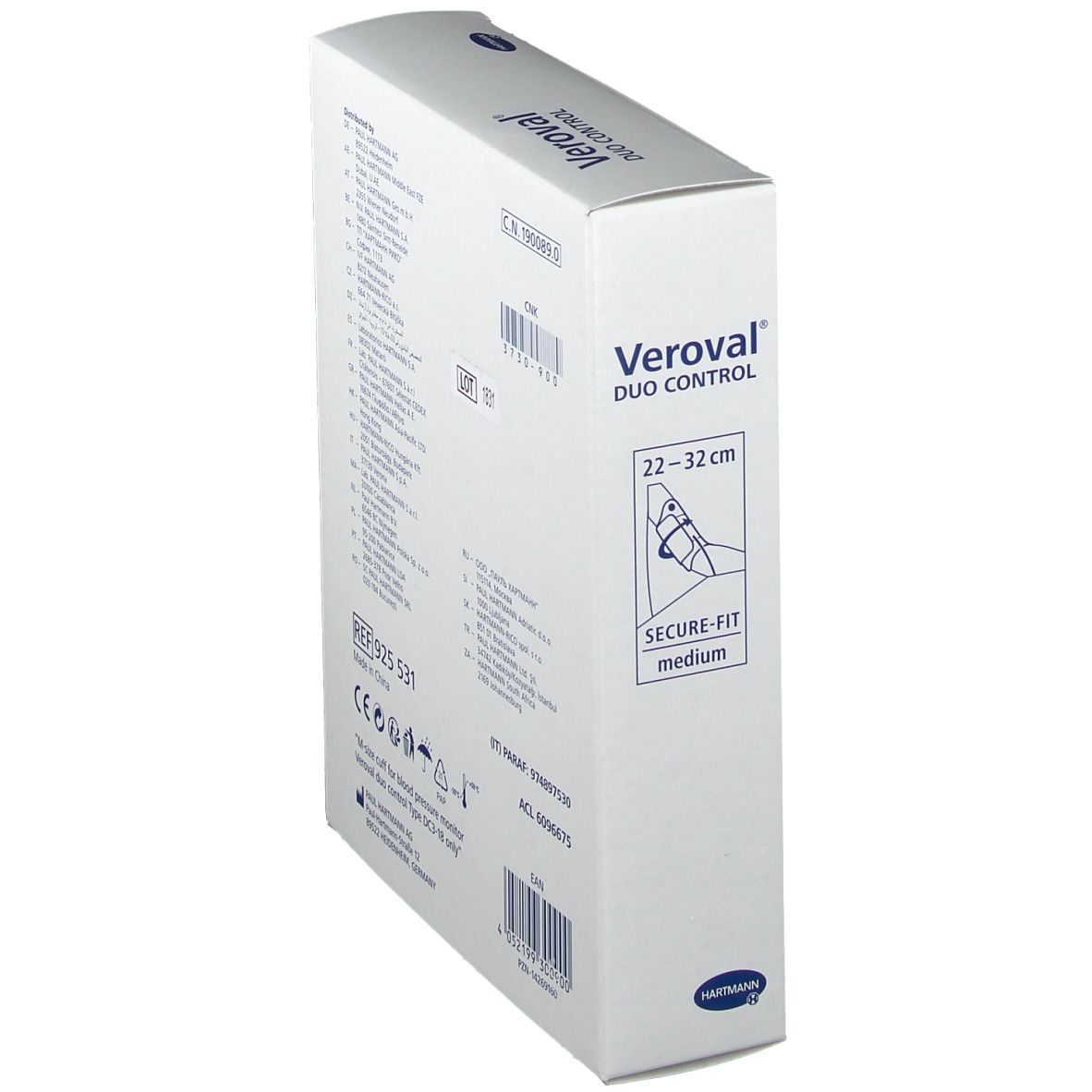 Emballage Veroval Duo Control, vue latérale oblique. Informations produit et indication de taille 22-32cm.