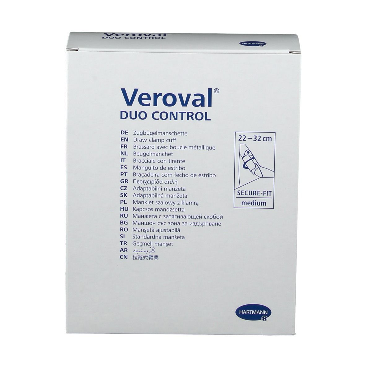 Brassard Veroval Duo Control, 22-32cm. Emballage avec informations et illustration du produit.