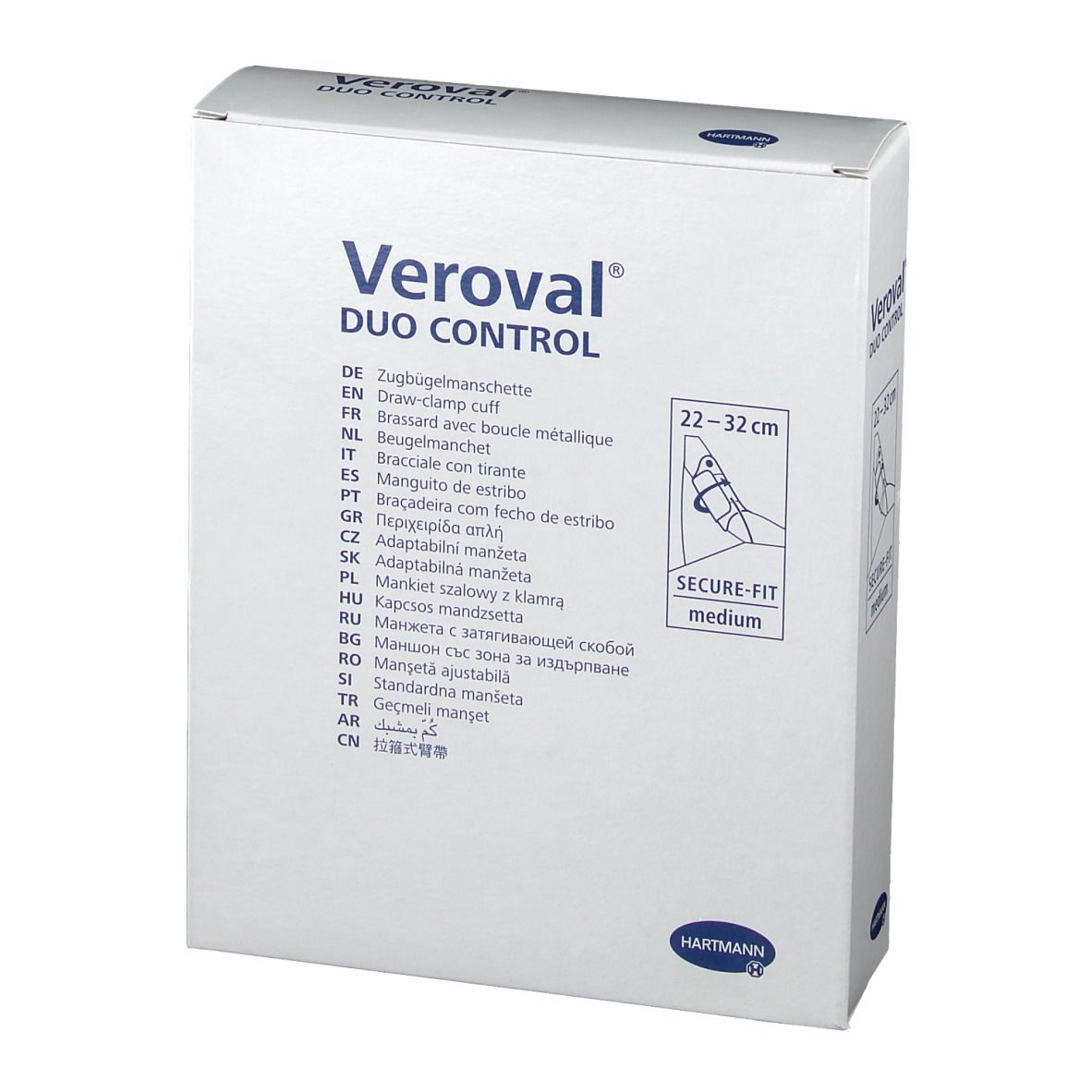 Brassard Veroval Duo Control, 22-32cm. Emballage avec informations et illustration du produit.