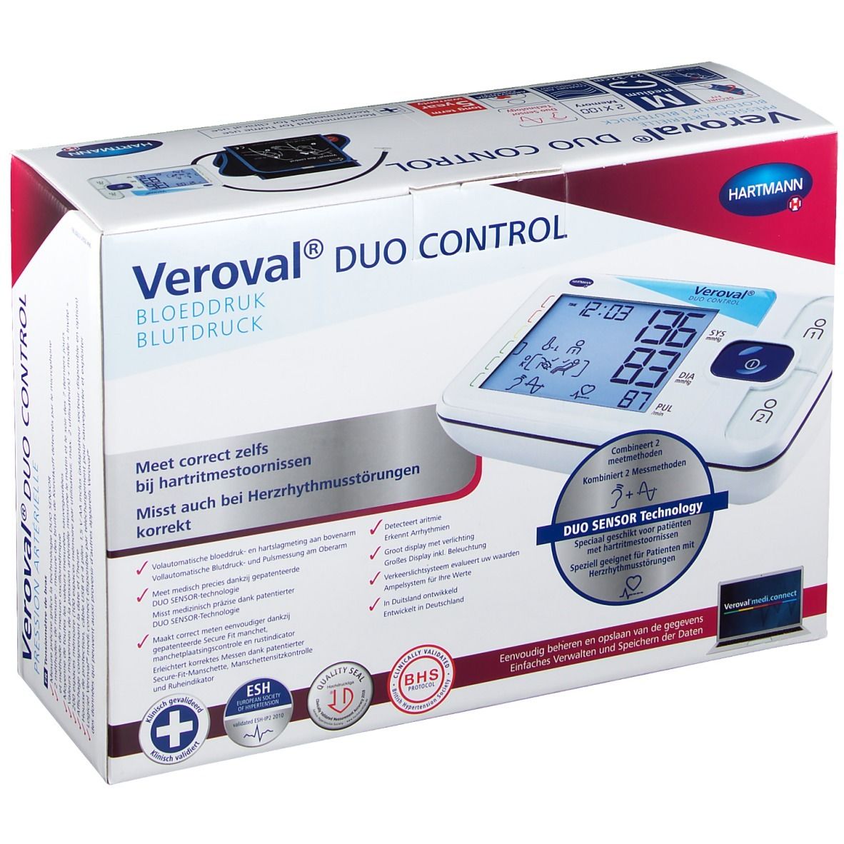 Tensiomètre Veroval DUO CONTROL en boîte. Écran numérique avec valeurs. Logo Hartmann. Label de qualité BHS.