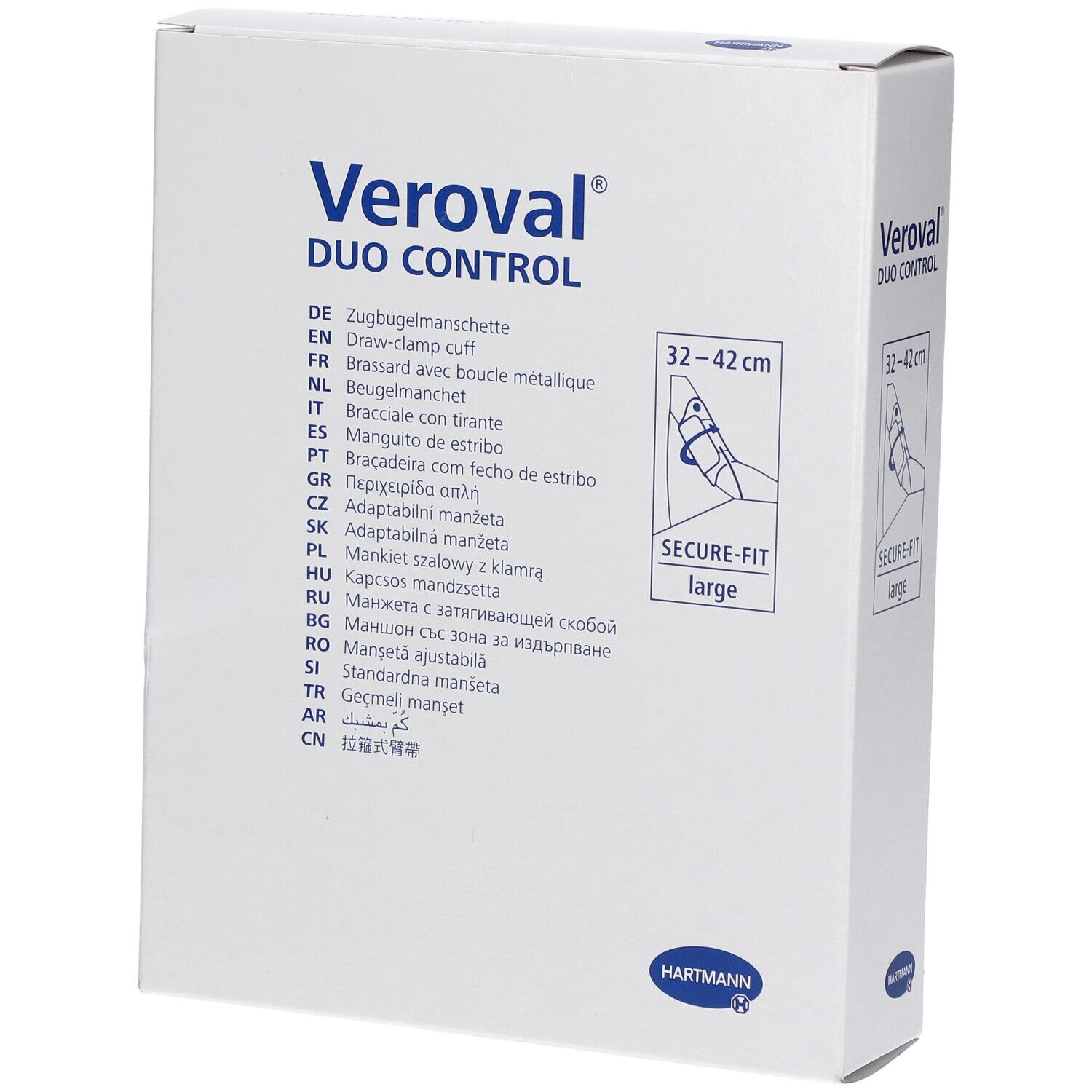 Emballage Veroval DUO CONTROL. Indication de taille 32-42 cm. Secure-Fit large.