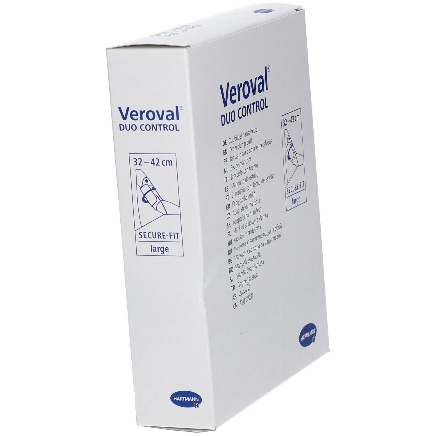 Emballage Veroval DUO CONTROL. Indication de taille 32-42 cm. Secure-Fit large.