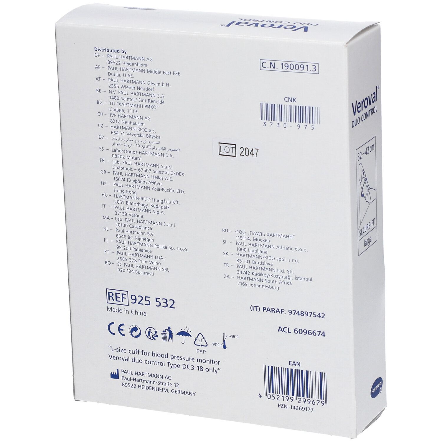 Dos de l'emballage Veroval DUO CONTROL. Informations produit, adresse du fabricant, code-barres.