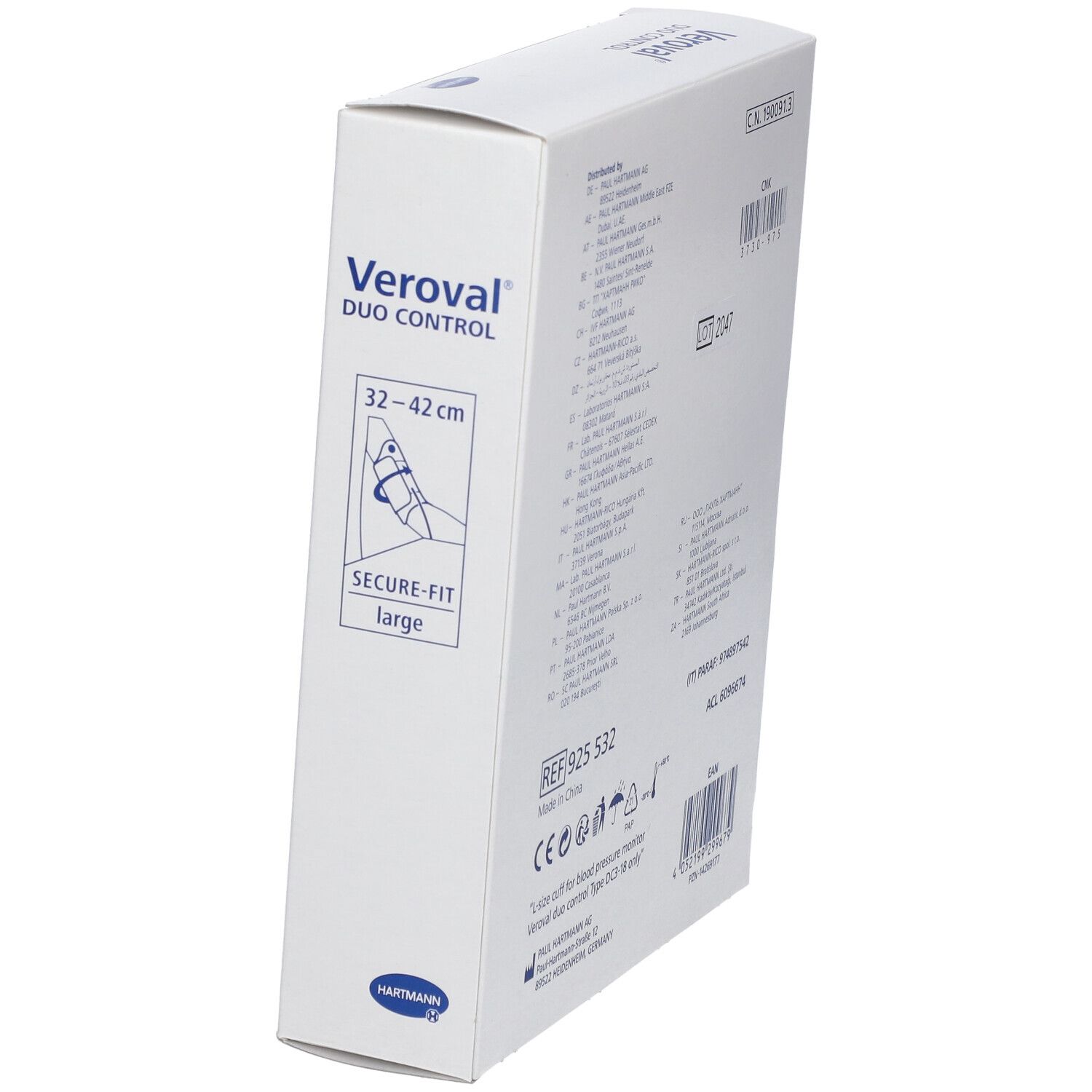 Emballage Veroval DUO CONTROL. Indication de taille 32-42 cm. Secure-Fit large.